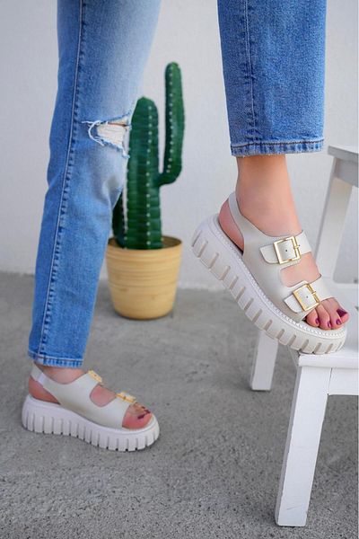 Dicle Stil Curea Detaliată Tocuri cu pană Cataramă dublă Sandale de damă bej Pantofi de vară