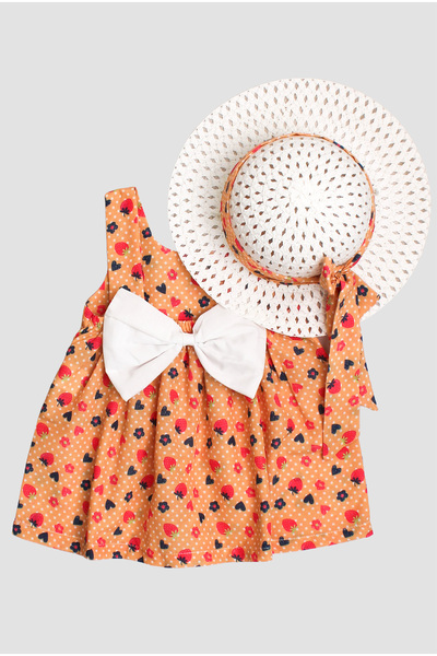 Chicsy Baby Desenli Fiyonklu Şapkalı Kız Bebek Elbisesi