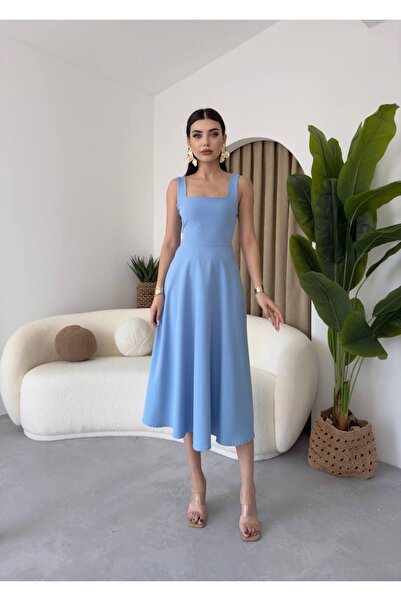 conconmoda Kadın Bebe Mavi Colliope Kare Yaka Kalın Askılı Prenses Midi Boy E...