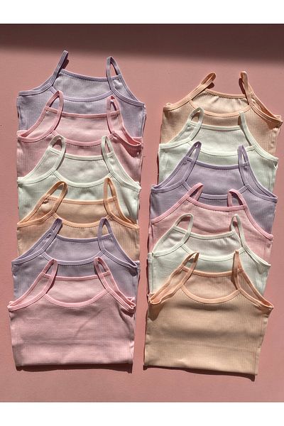LEYNA BUTİK Girl's 12 Pieces Ribbed Rope Strap Lycra Cotton Undershirt