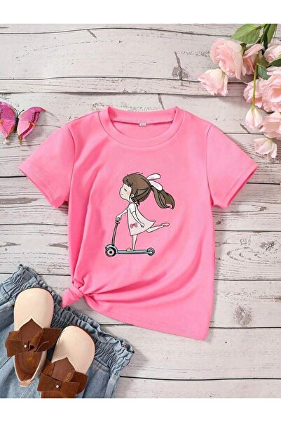 MORNİNG KİDS Tricou Fetă Roz Scooter Girl din Bumbac Pieptănat Imprimat