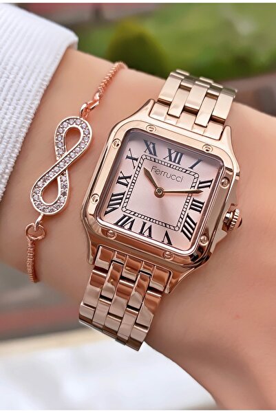 Ferrucci ساعة يد نسائية بسوار فولاذي بلون ذهبي وردي - سوار