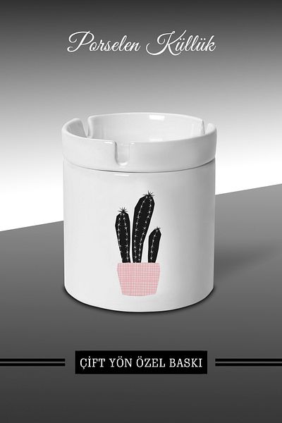 yhfoto Scrumieră și tavă de scrumieră din porțelan - Vază roz cu design cactus