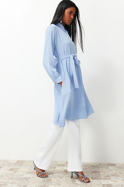 Trendyol Modest Cămașă Aerobin cu țesătură lungă albastru deschis TCTSS24TG00062