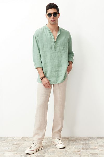 Trendyol Collection 100 % Leinen, gerade Passform – elastische, taillierte Hose in limitierter Auflage TMNSS24PL00018