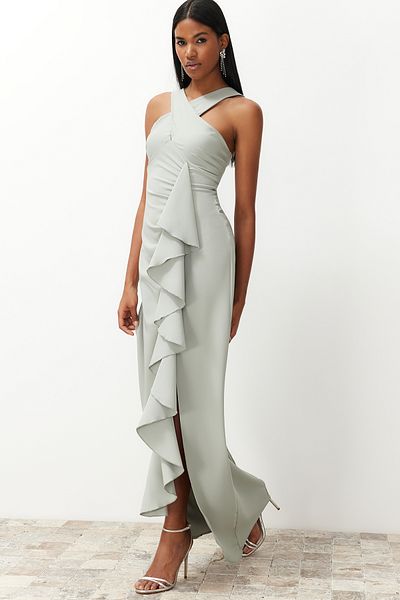 Trendyol Collection Βραδινό μακρύ φόρεμα μέντα με βολάν TPRSS24AE00091