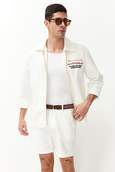 Trendyol Collection Embroidery Detailed Ecru Canvas Jacket - Back Printed, Zippered TMNSS24CE00002