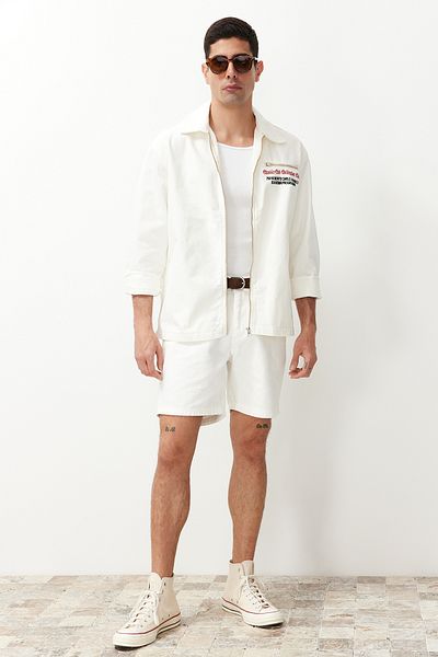 Trendyol Collection Embroidery Detailed Ecru Canvas Jacket - Back Printed, Zippered TMNSS24CE00002