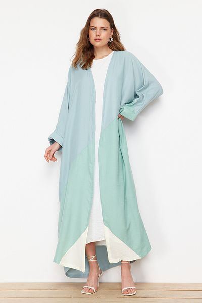 Trendyol Modest Lange gewebte Khaki-Kappe - Blockmuster Ferace TCTSS24KF00002