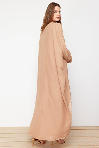 Trendyol Modest Μακρύ υφαντό Καπάκι και Ferace - Camel Color Block TCTSS24KF00002