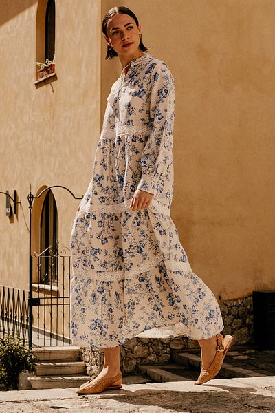 Trendyol Modest Μπεζ λινό λουλουδάτο υφασμένο φόρεμα TCTSS24EB00054