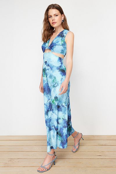 Trendyol Collection Modrý výřez/detail okénka Maxi tkané šaty TWOSS21EL3578