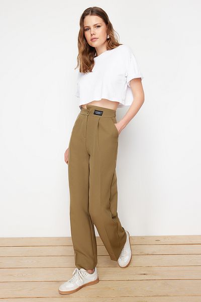 Trendyol Collection Light Khaki Wide Leg/Wide Leg Label Detailed Woven Trousers TWOSS24PL00082
