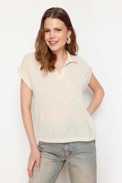 Trendyol Collection Stone Linen Look Regular/Regular Fit Polo Collar Short Sleeve T-shirt
