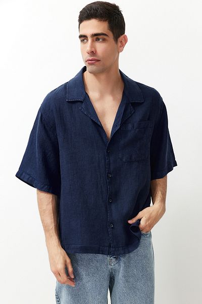 Trendyol Collection Premium Navy Blue 100% λινό πουκάμισο Oversize Fit TMNSS24GO00059