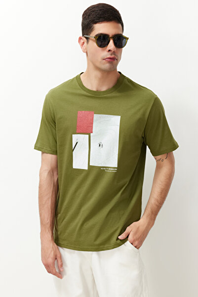 Trendyol Collection Μπλουζάκι με στάμπα χακί 100% βαμβακερό - κανονική εφαρμογή TMNSS21TS1079