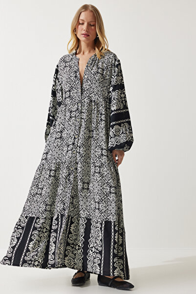 Happiness İstanbul Damska długa wiskozowa sukienka koszulowa w czarno-białe kwiaty z rękawami balonowymi DM00136