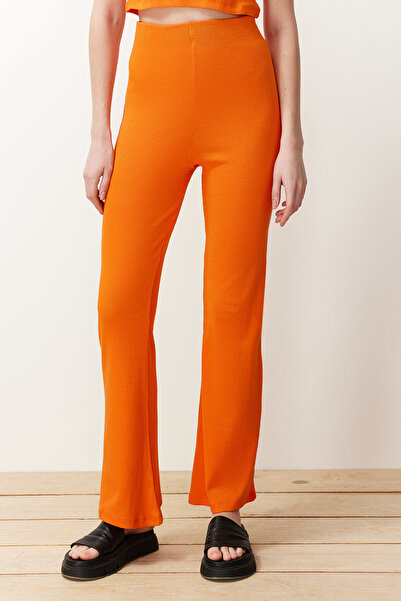 Trendyol Collection Oranžová Crop Crew Výstřih Žebrovaná pružná pletená halenka a kalhoty Horní a spodní sada TWOSS21AU0160