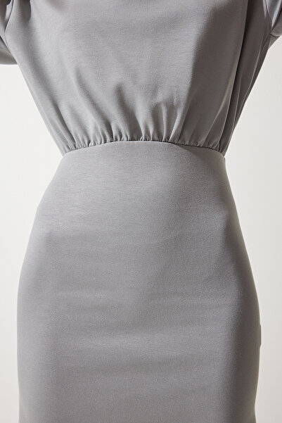 Happiness İstanbul Kadın Gri Vatkalı Likralı Örme Elbise MC00281