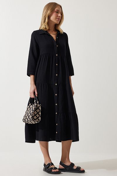 Happiness İstanbul Rochie cămașă evazată de muselină neagră de damă SA00024