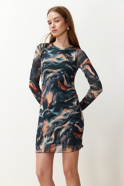 Trendyol Collection Multi-Colored Tulle Shir/Drape Detailed Fitted Mini Flexible Knitted Pencil Dress TWOAW24EL00161