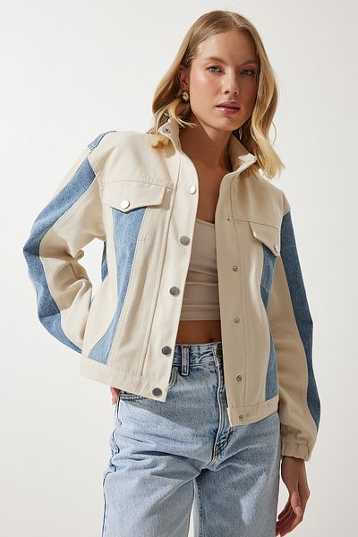 Happiness İstanbul Damen-Jacke aus Gabardine in Cremeblau mit Blockfarben RV00181