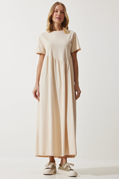 Happiness İstanbul Damska waniliowa, marszczona, długa sukienka z dzianiny MC00272