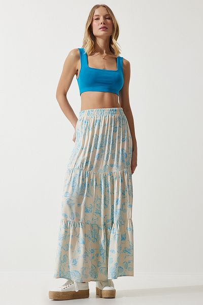 Happiness İstanbul Fustă de damă din viscoză albastru crem cu modele florale DD01310