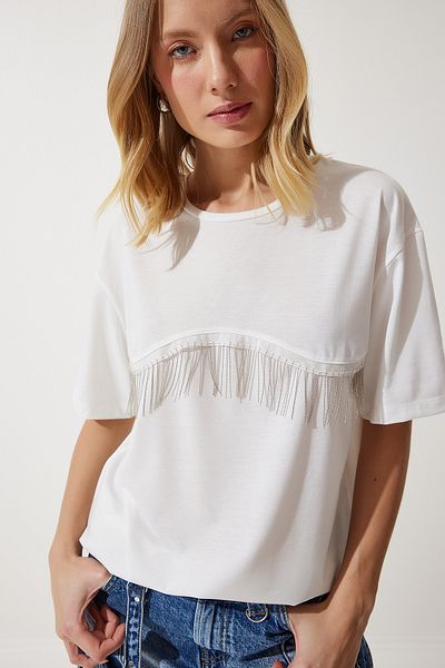 Happiness İstanbul Tricou tricotat supradimensionat cu lanț alb pentru femei PB00024