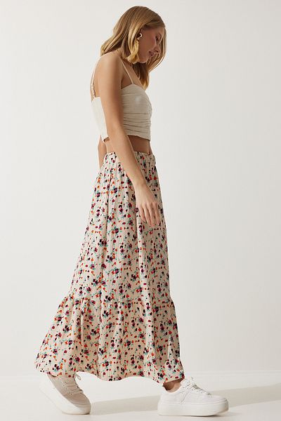 Happiness İstanbul Cremefarbener Viskoserock mit Volant und Blumenmuster für Damen DD01312