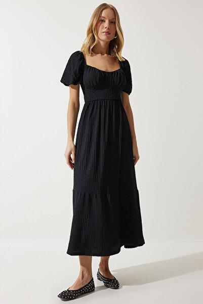 Happiness İstanbul Dámske letné pletené šaty s čiernym srdiečkovým golierom UB00050