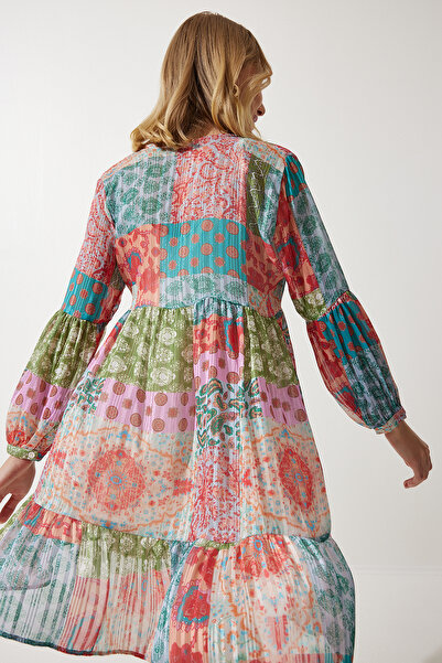 Happiness İstanbul Γυναικείο ροζ μπλε έθνικ μοτίβο πουκάμισο με λαιμόκοψη RG00025