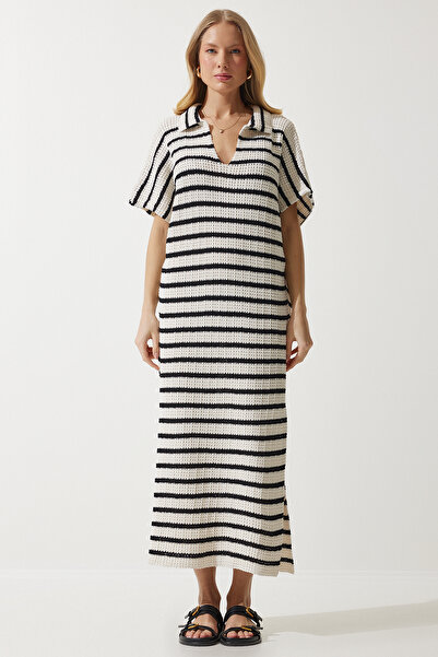 Happiness İstanbul Női krémszínű, mély V-nyakú csíkos szezonális kötöttáru ruha YU00011