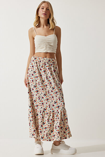 Happiness İstanbul Dámska krémová kvetinová viskózová sukňa DD01312