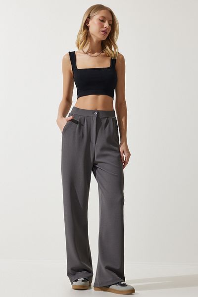Happiness İstanbul Gray Lycra Women's Palazzo Trousers - Rv00175