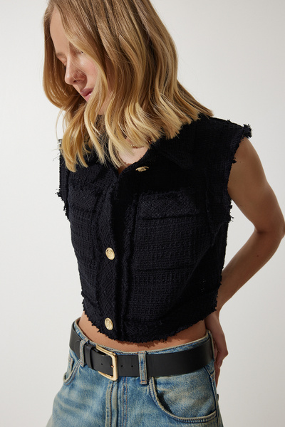 Happiness İstanbul Dámská černá stylová tvídová vesta se vzorem na knoflíky WF00068