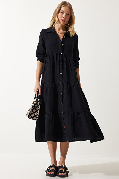 Happiness İstanbul Γυναικείο φόρεμα μαύρο μουσελίνα πουκάμισο SA00024