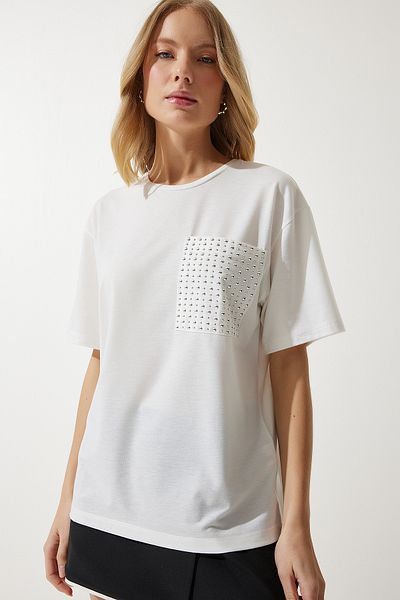 Happiness İstanbul Tricou supradimensionat cu detalii cu piatră albă pentru femei PB00026