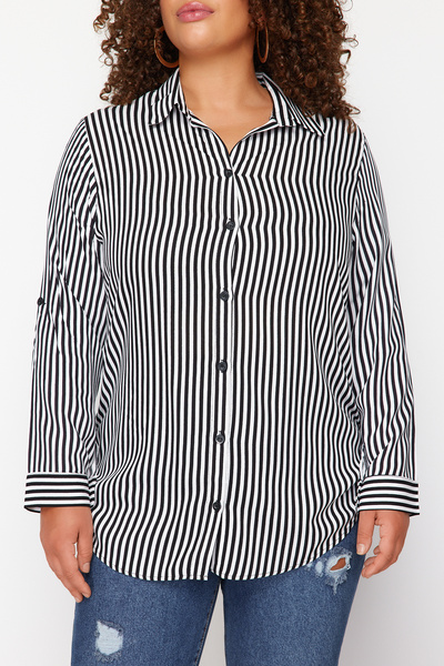Trendyol Curve Black-And-White Viscose Long-Sleeved Striped Plus Size Shirt Tbbss24Ax00031