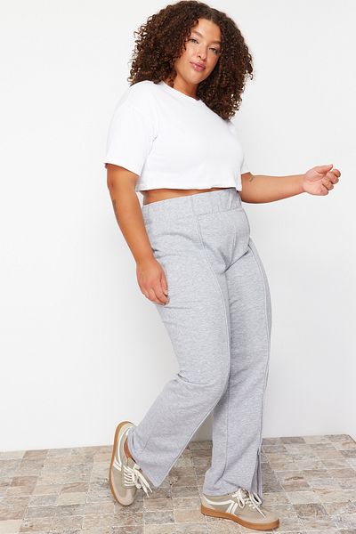 Trendyol Curve Plus Size Gray Melange Thin Jogger Sweatpants - Piping Detail Tbbss24Aj00001