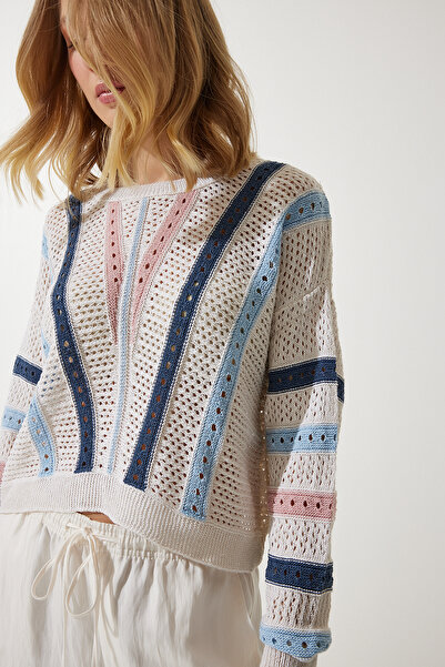 Happiness İstanbul Női krémcsíkos részletes áttört szezonális kötöttáru pulóver AN00193