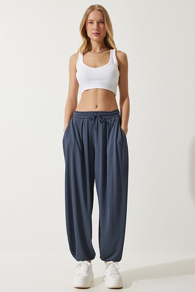 Happiness İstanbul Women's Anthracite Pleated Comfortable Modal Baggy Trousers MC00284