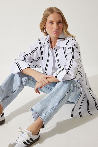 Happiness İstanbul Cămașă oversize din popelin cu dungi alb-negru pentru femei BP00154