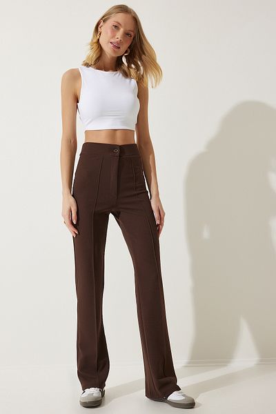 Happiness İstanbul Braune bequeme Strickhose aus Lycra mit hoher Taille für Damen RV00090