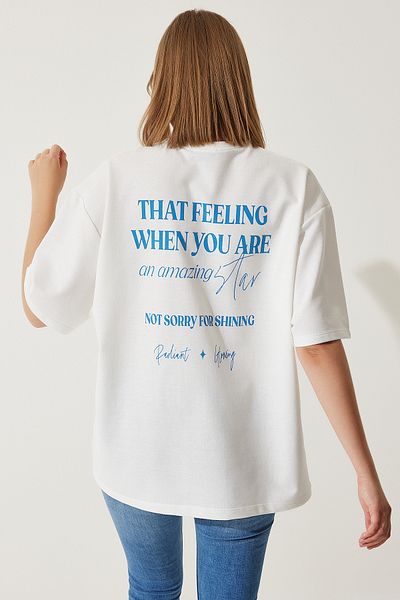 Happiness İstanbul Weißes Oversize-T-Shirt aus zweifädigem Strick mit Aufdruck für Damen AN00190