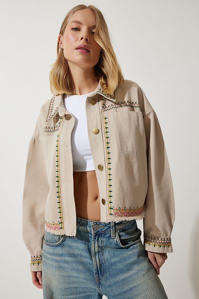 Happiness İstanbul Beige Übergroße Jeansjacke für Damen mit Stickerei und Quasten SA00018