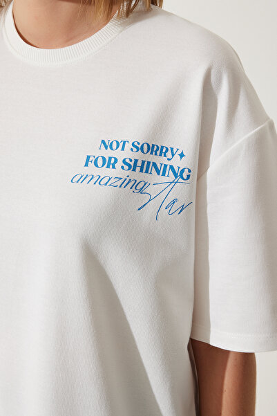 Happiness İstanbul Női fehér nyomott nagyméretű, kétszálas kötött póló AN00190