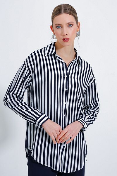 Bigdart Women's Navy Blue White Oversize Striped Viscose Shirt 3900