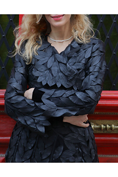 Tugla Siyah Tül Üzeri Hakiki Deri Yaprak Patchwork El Yapımı Ceket