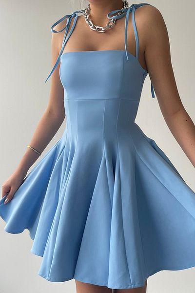 lovebox Rochie de absolvire cu bretele din țesătură Atlas Blue Baby, cu croială prințesă, cu detaliu 164